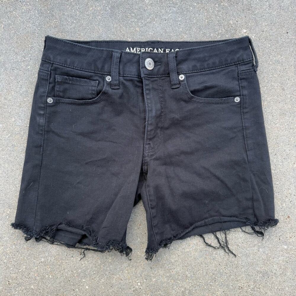 American Eagle Black Midi Denim Jean Cutoff Shorts Next Level Stretch Size 6